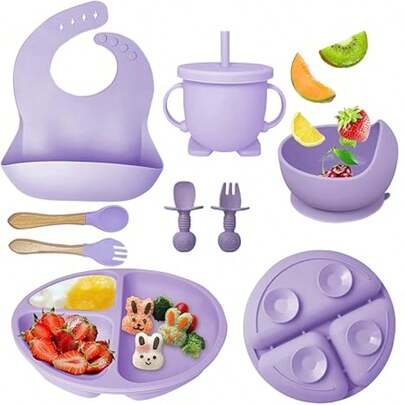8 piezasSet de alimentación de silicona para bebés - Suministros de destete LED para bebés - Cucharas para bebés, ventosas - Platos - Juego de cubiertos para bebés - Set de alimentación de silicona para los primeros alimentos del bebé, alimentación para bebés