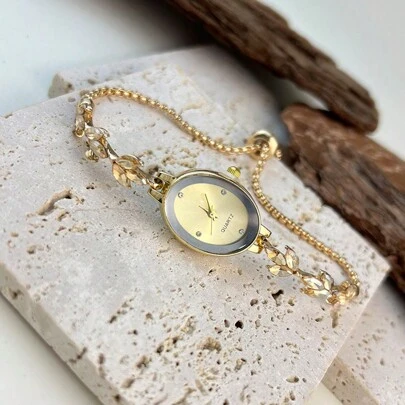 1 件女士合金手链表带，可调节设计，镶嵌水钻石英表，适合日常搭配、生日、女士礼物、周年纪念、年终促销、单身节、万圣节促销和其他节日礼物