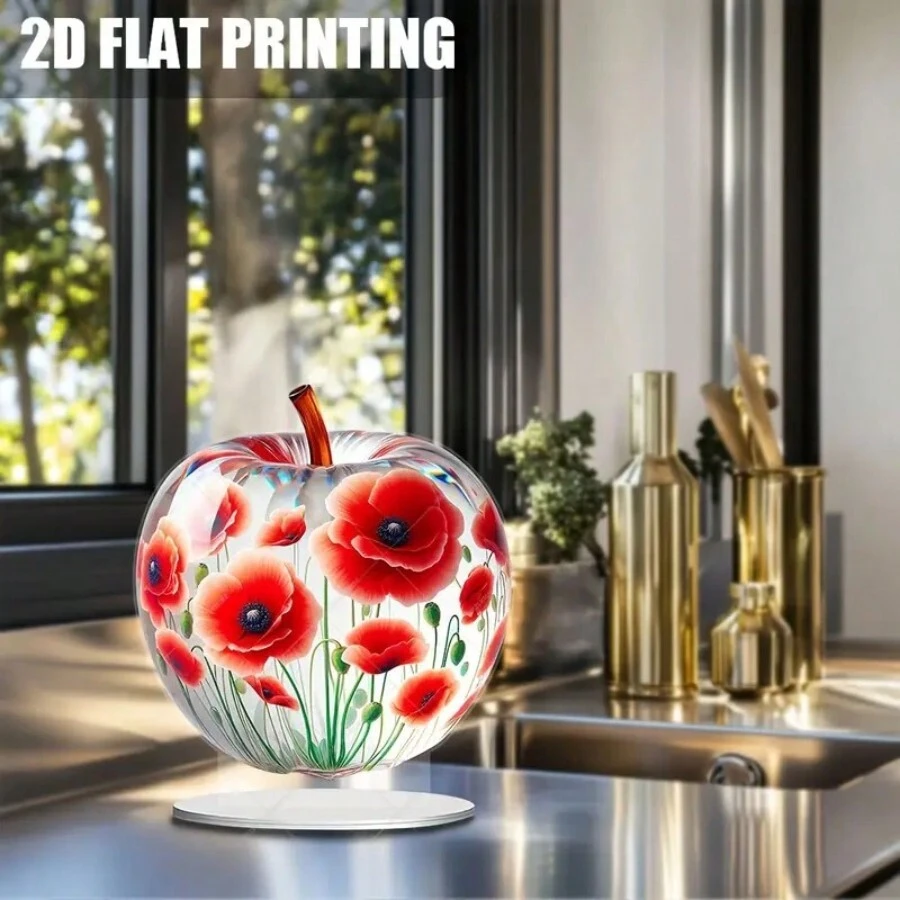 1pc Bohemian Art Deco Apple-Shaped Acrylic Decorative Sign With Poppy Flower Design, 18x20cm/7x7.8in, Tabletop Floral Ornament, Multipurpose Desk Decor For Home, Office, Bedroom, Cafe, Living Room, Birthday Gift Idea
