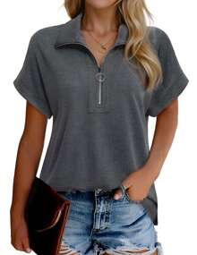 hoteel Women's Short Sleeve Tops And Shirts Zip Neck V Neck Business Casual Tops Loose Tunic Shirts Polo Shirts - Xám - Xem 1