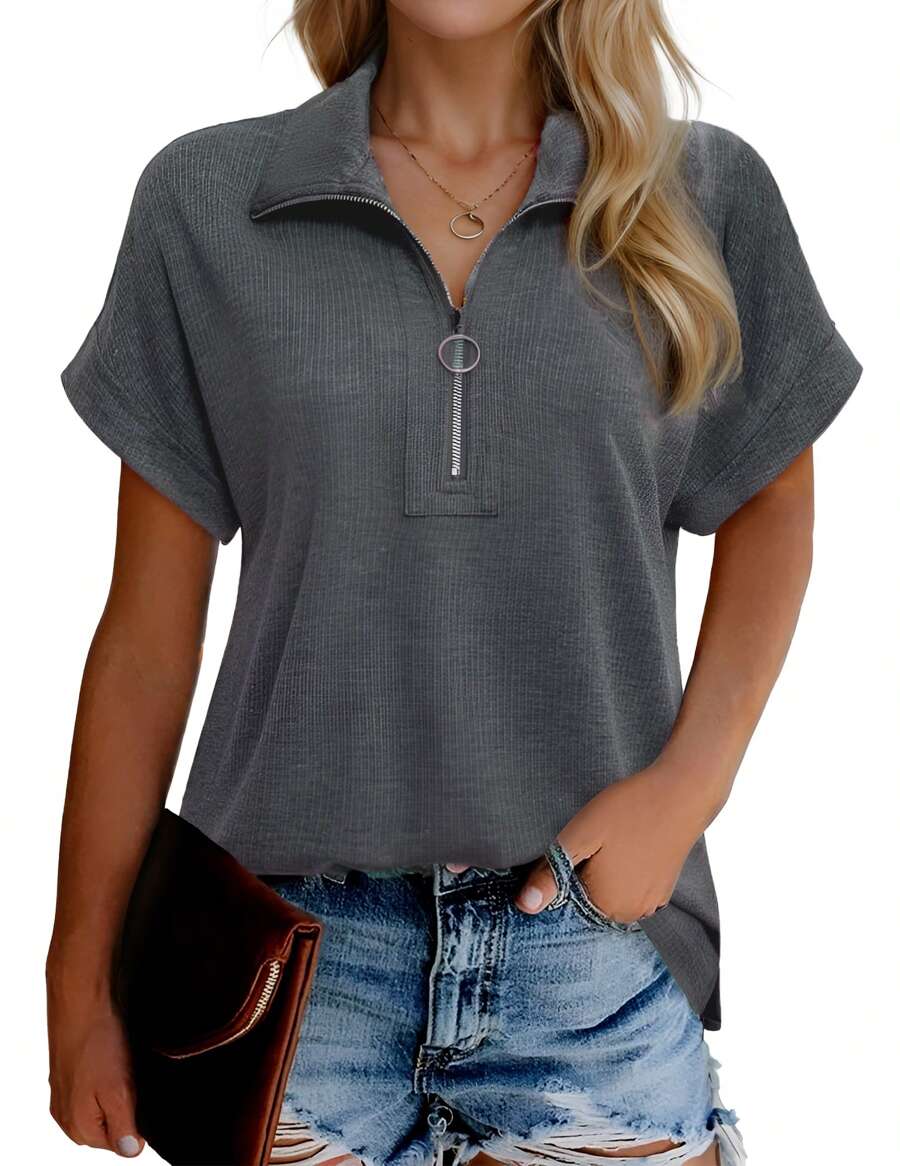 hoteel Women's Short Sleeve Tops And Shirts Zip Neck V Neck Business Casual Tops Loose Tunic Shirts Polo Shirts - Xám - Xem 1