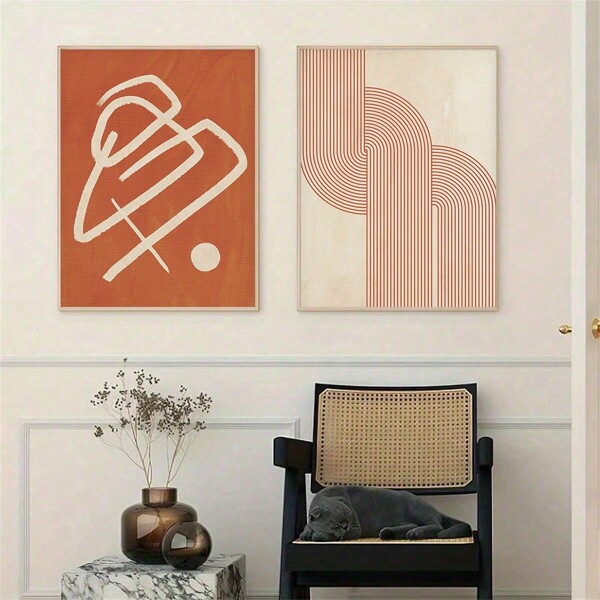 2 peças Pintura de parede abstrata moderna com linha laranja queimada, pintura de parede minimalista moderna de meados do século, impressões de pintura em tela de arte boho, pôsteres de artes de parede para pátio, quarto, sala de estar, apartamento, estudo, restaurante, café, decoração de casa, sem moldura