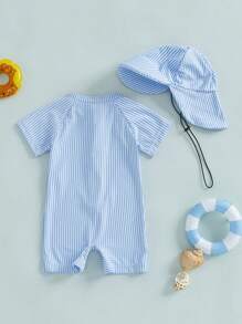 Baby Boy Basic Swimsuit Toddler Short Sleeve Front Zipper Bathing Suit Infant Boy Striped Rush Guard Swimwear With Sun Protection Swim Hat - Blue - View 3