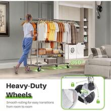 HOKEEPER Heavy-Duty Clothes Rack On Wheels Double Clothes Rail Can Hold Up To 283 Kg Industrial Design Coat Rack With Shelf And Laundry Basket Extendable Length And Height - DoubleChromeWithShelf1 - View 6