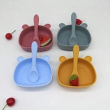 2pcs/Set Baby Solid Color Silicone Cartoon Cute Bowl & Spoon With Suction Cup, Suitable For Feeding Complementary Foods Daily - D Bowl + Spoon - View 1