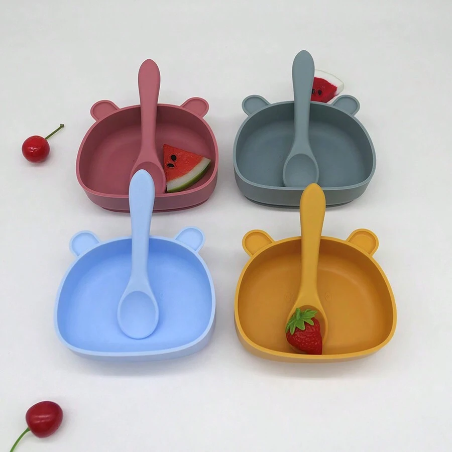 2pcs/Set Baby Solid Color Silicone Cartoon Cute Bowl & Spoon With Suction Cup, Suitable For Feeding Complementary Foods Daily - D Bowl + Spoon - View 1