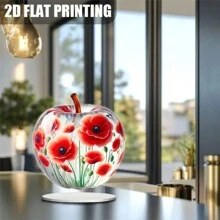 1pc Bohemian Art Deco Apple-Shaped Acrylic Decorative Sign With Poppy Flower Design, 18x20cm/7x7.8in, Tabletop Floral Ornament, Multipurpose Desk Decor For Home, Office, Bedroom, Cafe, Living Room, Birthday Gift Idea