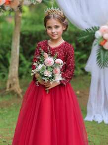 Tween Girls' Sequin Contrast Mesh Formal Birthday Party Dress, Princess Gown Suitable For Stage Performance, Piano Recital - Red - View 11