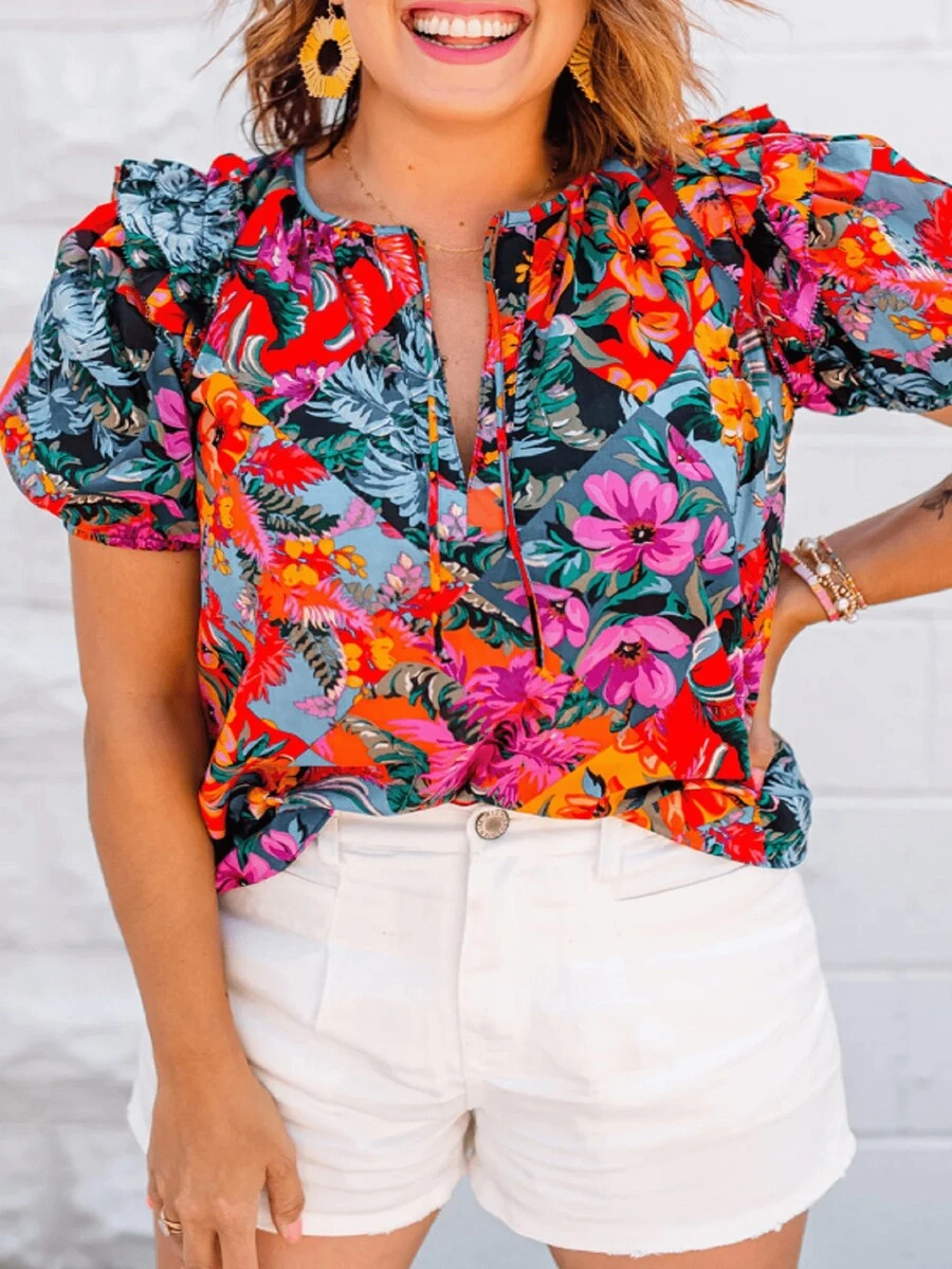 Women's Floral Print V-Neck Ruffle Hem Short Sleeve T-Shirt, Fashionable Summer Pullover Top - Multicolor - View 1