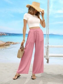 Drawstring Waist Plain Color Slant Pocket Minimalist Straight Casual Pants - Pink - View 3