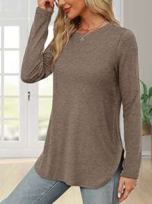 Women's Solid Color Crew Neck Shirt With Side Split Long Sleeve Casual Basic Top - Coffee Brown - View 4