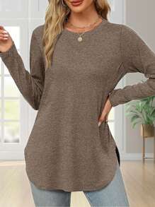 Women's Solid Color Crew Neck Shirt With Side Split Long Sleeve Casual Basic Top - Coffee Brown - View 3