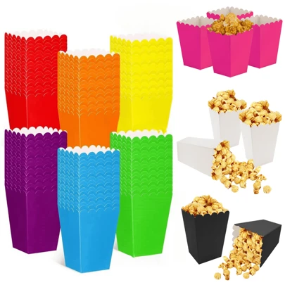 12pcs Popcorn Boxes Mini Paper Popcorn Bags Cardboard Popcorn Container, Disposable Snack Candy Popcorn Holder For Carnival Party Supplies, For Birthday Wedding Movie Night Tableware Supplies(Black,White,Blue,Yellow,Green,Red,Pink)