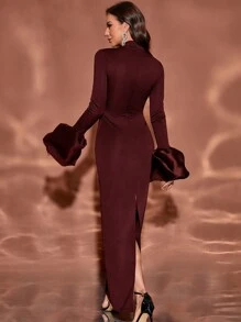Elegantes Damen Abendkleid, asymmetrische Puffärmel, Langarm, Stehkragen, figurbetonter Schnitt, Schlitz hinten, Maxikleid, Herbst - Rot-violett - Übersicht 2