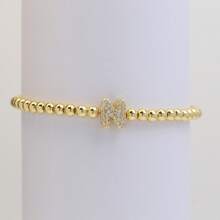 Pulseira com Contas Iniciais de 4mm A-Z, Revestida a Ouro 18K com Micro Pavê de CZ, Formato de Balão Bolha, Cordão Elástico, Joia Simples para Presente Feminino