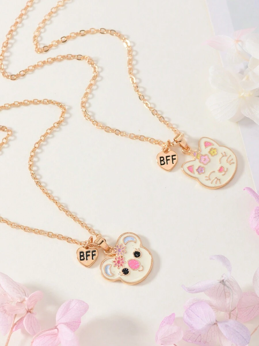 2 件儿童最佳朋友项链套装，搭配不同形状，适合姐妹、女朋友、女学生，可爱俏皮，儿童卡通珠宝配饰，送给女儿或朋友的礼物，角色扮演，日常佩戴 - 彩色 - 查看 1