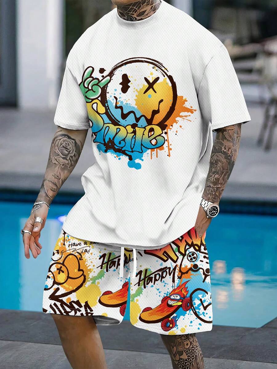 2pcs/Set Men's Casual Summer Outfit, Colorblock Short Sleeve Crew Neck T-Shirt & Drawstring Shorts Set, Beach/Sports/Workout Shorts, Cozy Outfits - White - View 1