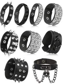 Xiacheng 1/6/9 Pieces Spiked Studded Bracelet Black Leather Rivet Punk Bracelet Cuff Wrap Bangle Snap Button Metal Wristband For Men Women