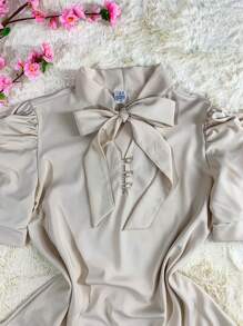Women's Short Sleeve Puffed Blouse With Bow No. 8 - Apricot - View 4