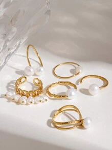 Uworld 1 件女士简约优雅淡水珍珠素面戒指开口戒指 18K 镀金不锈钢扭曲竹戒指适合日常佩戴节日派对节日婚礼等。 - 珍珠 - 查看 10