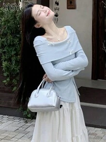 [Y6Y] 蝴蝶结柔美长袖针织上衣 | 不对称下摆设计，秋冬 - 藍色 - 查看 3