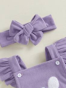 Baby Girl Easter Casual Romper Flying Sleeve Bunny Embroidery Romper With Headband - Purple - View 5