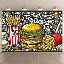 1 件涤纶生日快乐背景，卡通汉堡包和薯条设计，电池供电，适用于家庭、周年纪念、一般庆祝活动、派对横幅 - 黑色 - 查看 4