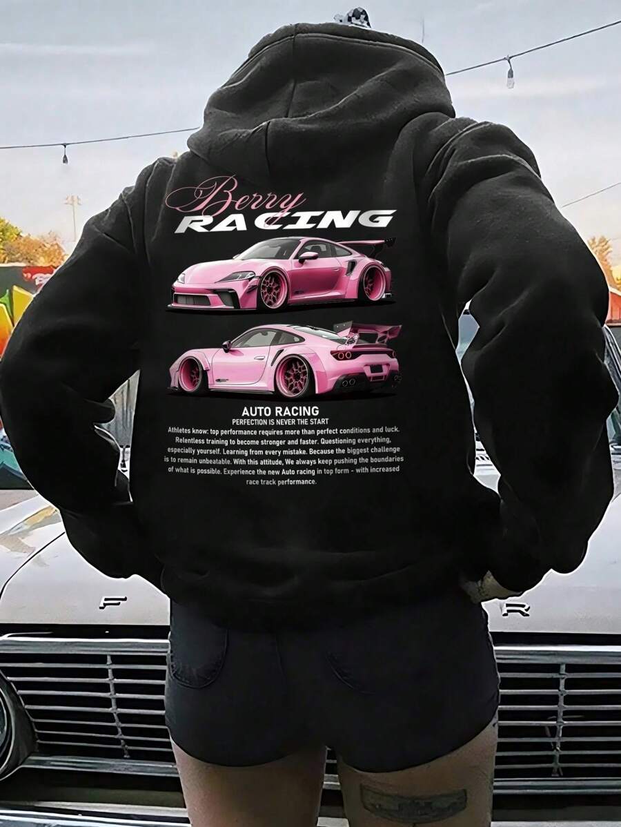 Casual Kangaroo T-Shirt With Car Enthusiasts Print - 黑色 - 查看 1