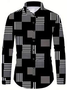 Men's Classic Fashionable Geometric Print Striped Plaid Long Sleeve Shirt, Black & White Tone, Long Sleeve Single-Breasted Lapel Shirt, Suitable For All Seasons, Must-Have Hot Fashion Cross-Border Fashion, For Fall