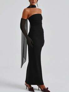 女士褶皱后开衩抹胸长裙配手套紧身性感优雅派对鸡尾酒会礼服 - 黑色 - 查看 4