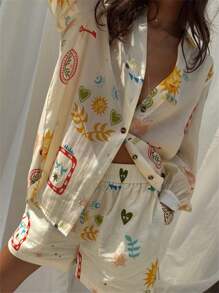 Women's 2 Piece Club Outfits Long Sleeve V Neck Pattern Print Button Up Tops Wide Leg Shorts Sets