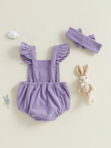 Baby Girl Easter Casual Romper Flying Sleeve Bunny Embroidery Romper With Headband - Purple - View 4
