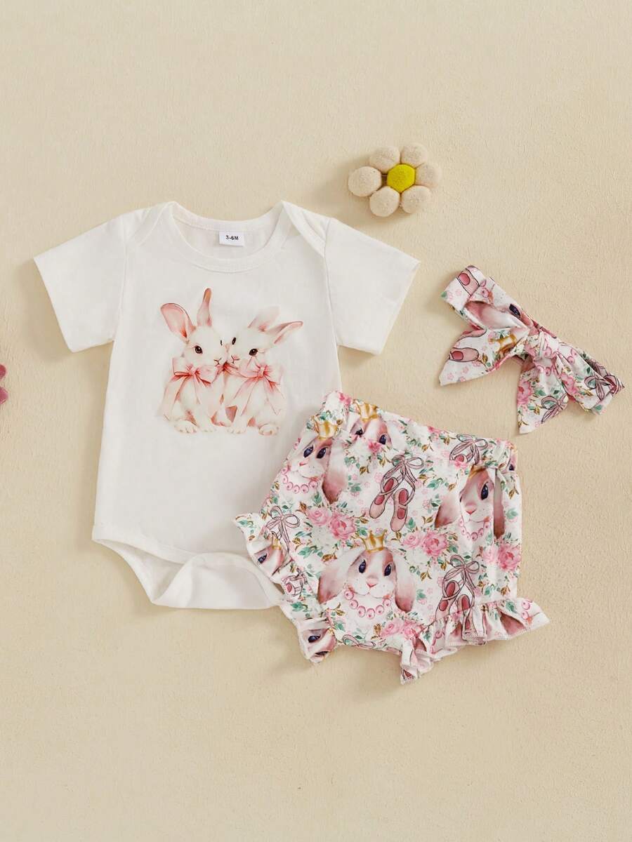 Conjunto de 3 piezas de ropa de Pascua para niñas pequeñas, mono de manga corta con estampado de conejito y pantalones cortos elásticos con diadema. - Blanco - Ver 1