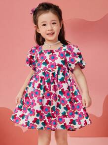 ASK JUNIOR Girls Floral Print Chiffon Beach Dress With Puff Sleeve, Summer Lightweight Sundress For Young Children