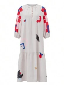 Women's Maternity Dress Loose Fit Contrast Color Button Design 3/4 Sleeve Crew Neck Dress For Summer Spring - 白色 - 查看 5