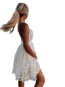 Summer Deep V Neck Bohemian Women Mini Short Dress Backless Beach Boho Dress - 白色 - 查看 4
