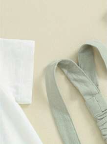 Toddler Boy Gentleman Outfit Solid Color Short Sleeves Romper With Bow Tie And Overalls Shorts Set For Formal Wear - 綠色 - 查看 5