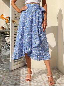 Faldas Largas para Dama de Cintura Elástica Fiesta en la playa,  Faldas Largas para Dama Casual Versáti,  Falda de Dama Casual de diario de Versátil de Estampado Floral,  Faldas Elegante para Dama de Vacaciones En La Playa - Azul - Ver 7