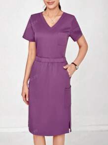 Ensemble d'uniforme de travail femme, Top simple à manches courtes de couleur unie et jupe
