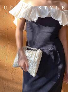 情人节椭圆形钩针花包女士晚宴手拿包新娘婚礼钱包派对舞会手工编织串珠仿珍珠半月形手提包﻿ - 杏色 - 查看 2