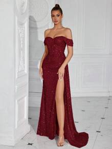 Elisanya Sequin Heart Neck Ruched Waist Long Ribbon Tied Open Back Split Evening Party Dress - Burgundy - View 6