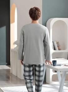 QIANNIANMA 2 Stücke/Set Herren karierter Langarm-Pyjama-Set, lässige, weite und bequeme Nachtwäsche für Frühling & Herbst