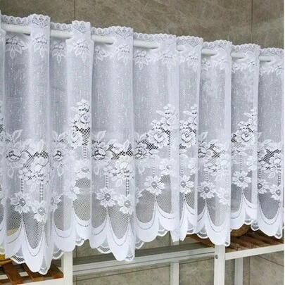 1pc Fresh Minimalist White Floral Lace Curtain Panel, Sheer Window Decor, Coffee Filter, Festival Decoration