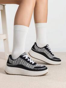Women Platform Casual Sneakers Thick-Sole Woven Style Fashion Comfortable Wedge Sneakers Autumn Winter Outdoor Sport Shoes - Đen và trắng - Xem 5