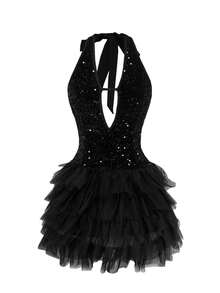 女士性感派对挂脖亮片薄纱荷叶边下摆迷你连衣裙 - 黑色 - 查看 2