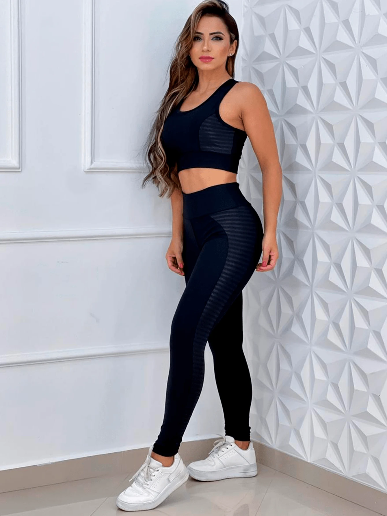 Fitness Set Top + Black Pants With Colorful Side Detail 3D Style - màu đen - Xem 1