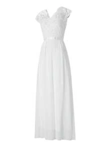 Women's Elegant Long Evening Dress, Solid Color Lace Patchwork Backless V Neck Party Dress - trắng - Xem 8