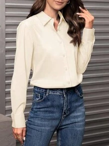 女士纽扣衬衫 经典版型正装衬衫 工作商务休闲长袖衬衫上衣 - 杏色 - 查看 4