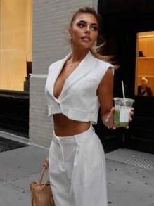 SHIBASHAN Summer Crop Lapel Blazer Top For Women Business Elegant Sleeveless Single Button Suit Jacket Waistcoat Casual White - White - View 5