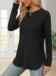 Women's Solid Color Crew Neck Shirt With Side Split Long Sleeve Casual Basic Top - màu đen - Xem 4